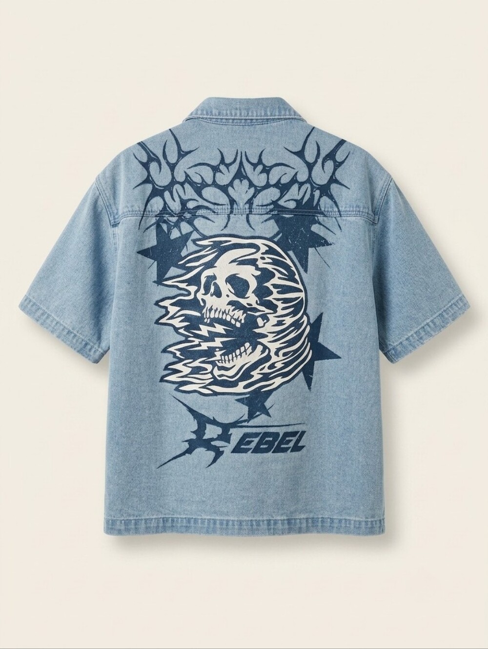 Rebel Vengeance Motorsports Graphic Skull Denim Light Wash Short Sleeve Shirt